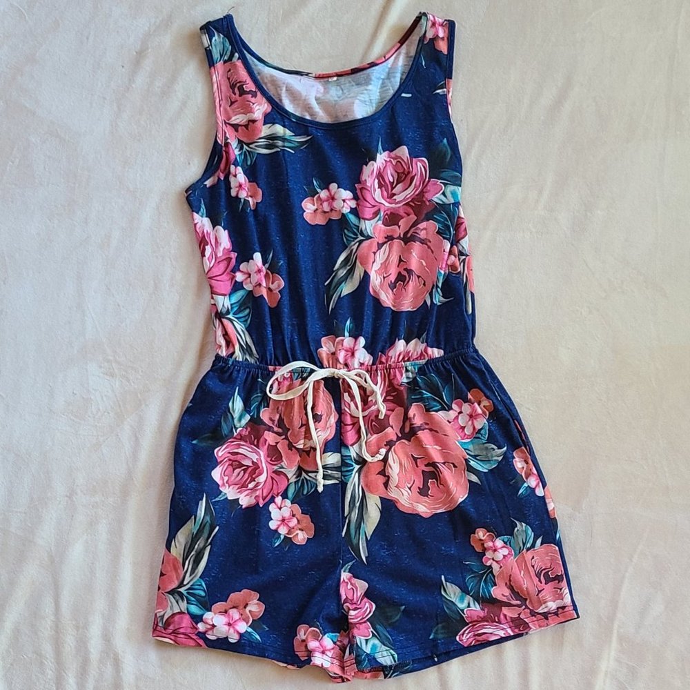 Navy + Coral Floral Romper with Tie at Waist | Size M